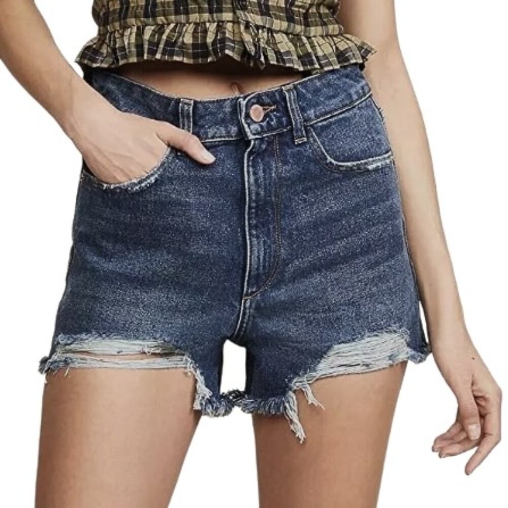 DL1961 Cleo High Rise Cut-Off Distressed Denim Shorts in Solana Dark Wash Sz 24